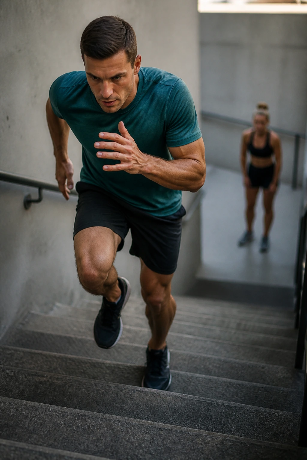 Runner sprinting up stairs during shuttle challenge in a stairwell.