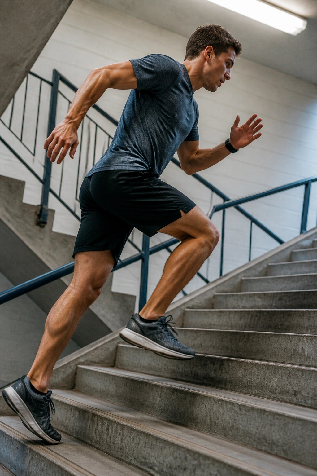 Student sprinting up campus stairs in a stairwell.