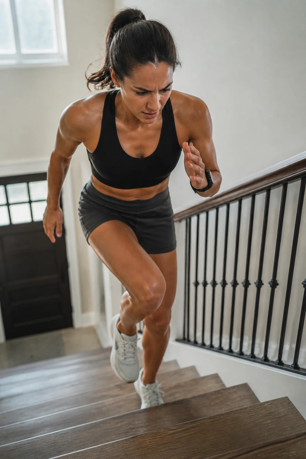 Athlete sprinting up a home staircase during stair sprint workout.