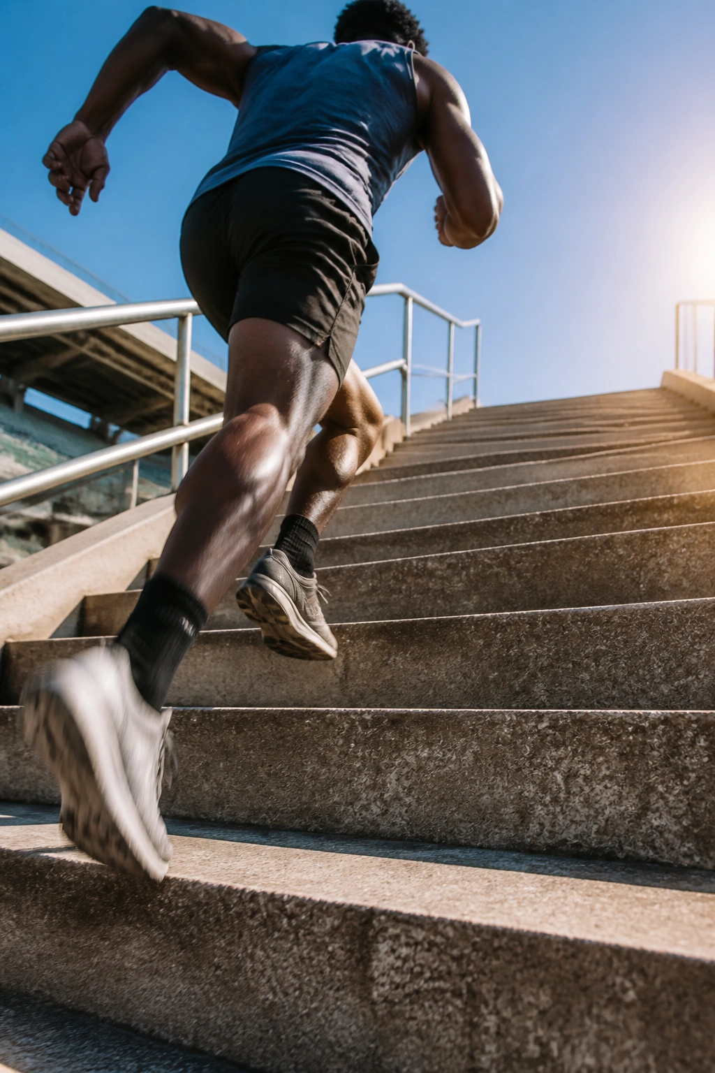 Athlete sprinting up concrete stadium stairs