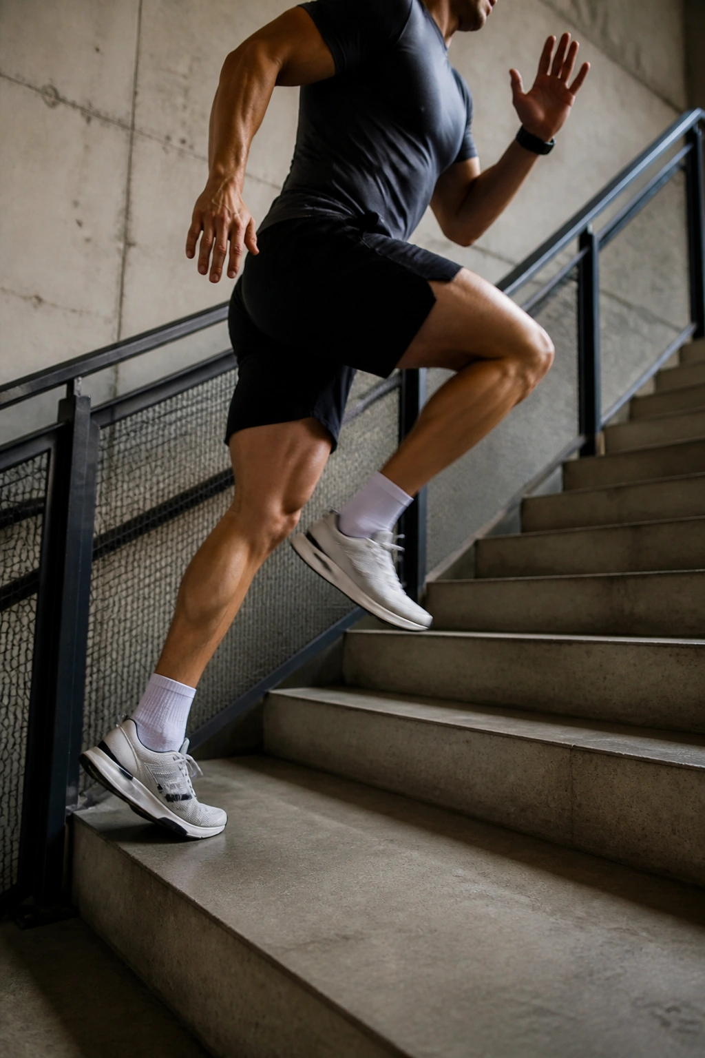 Athlete sprinting up stairs in a stairwell