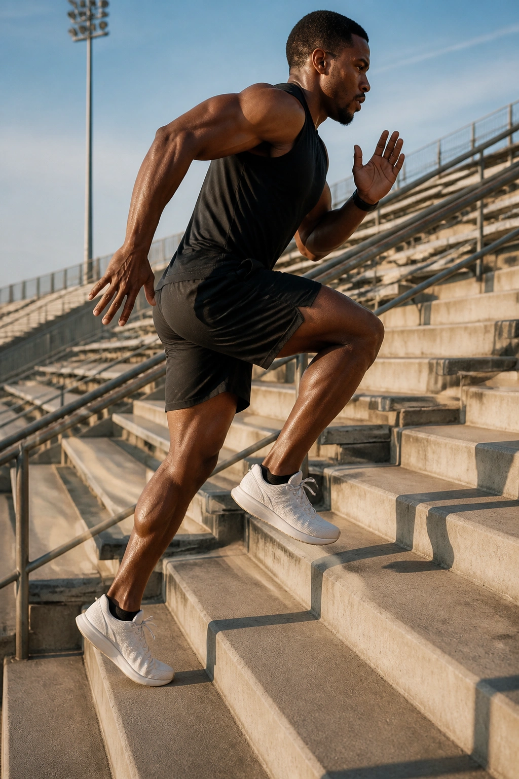 Athlete performing stair sprint interval on stadium stairs
