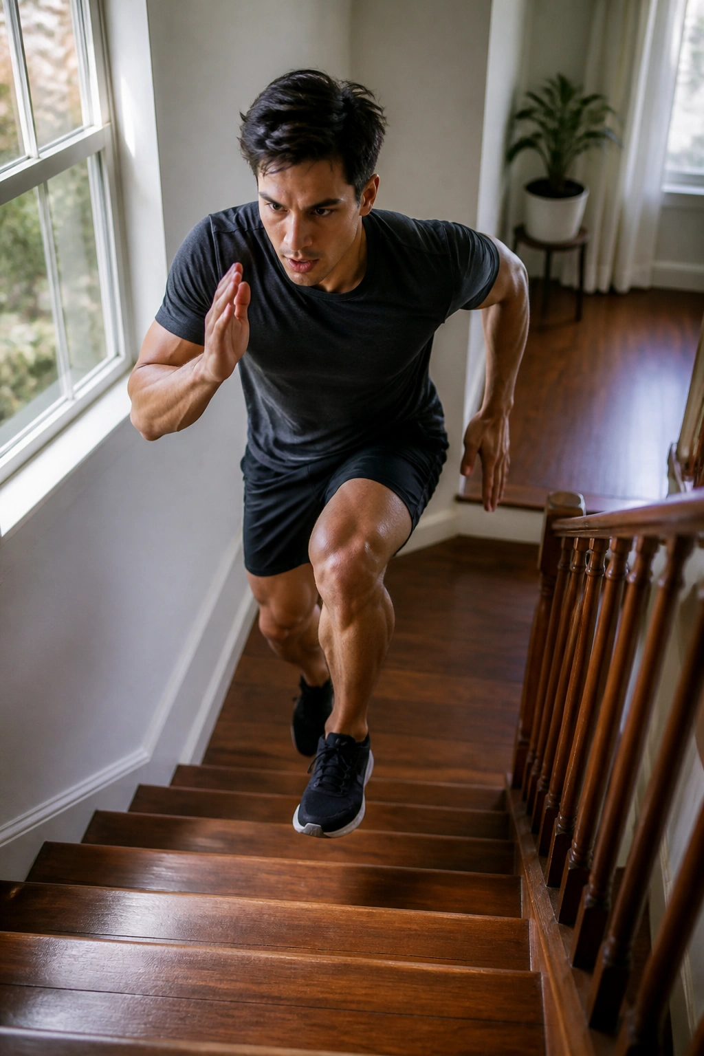 Person sprinting up stairs in a home environment