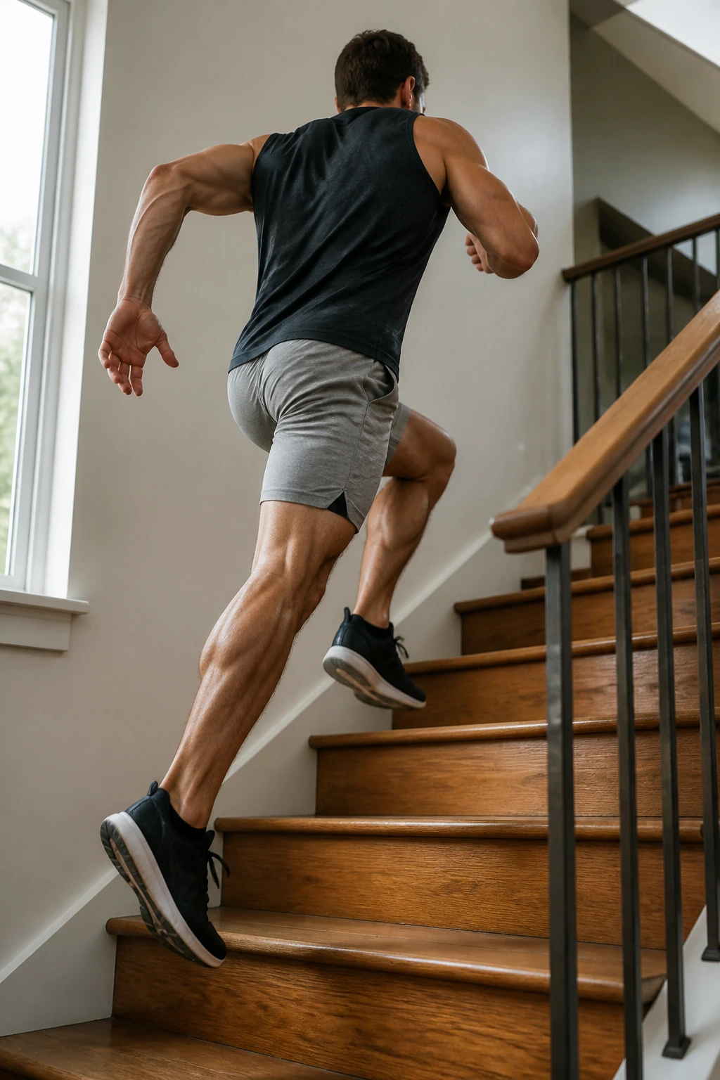 Athlete sprinting up stairs at home