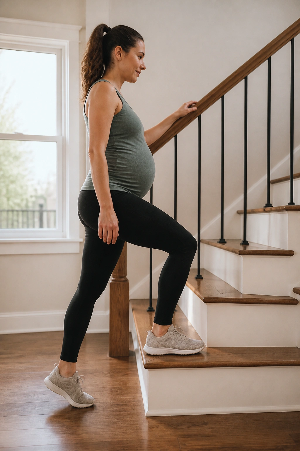 Person stepping onto a single stair in a home staircase