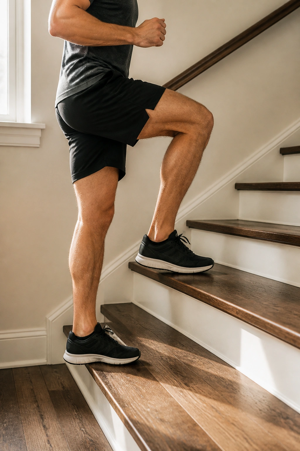 Close-up of leg stepping up on stairs during interval workout, glutes engaged