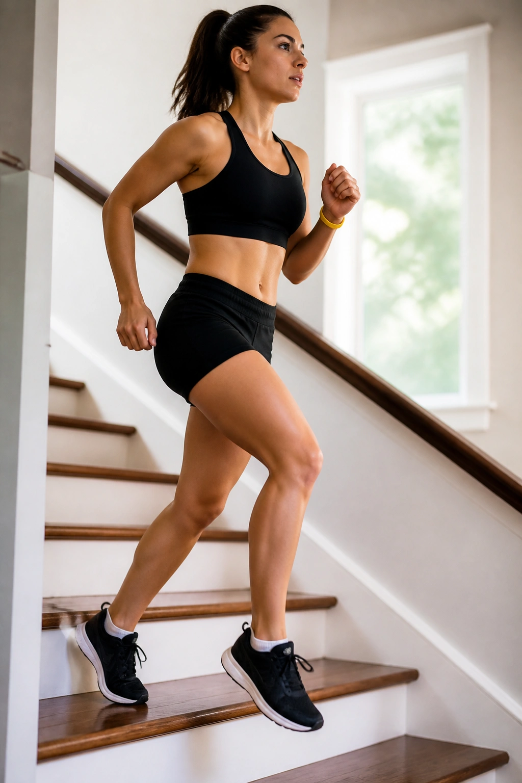 Mid-shot of a person performing stair stepping in a home stairwell.