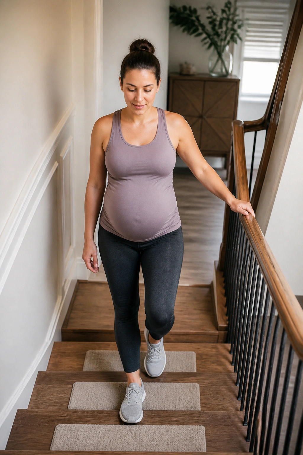 Person walking up stairs at a steady pace in a home setting