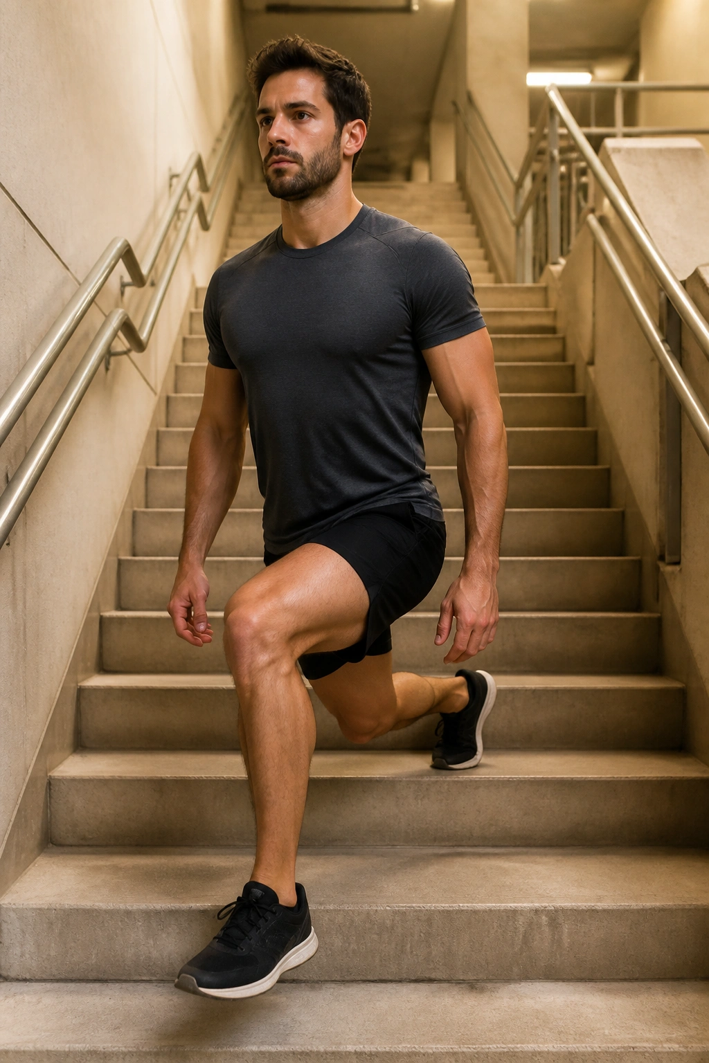 Person performing walking lunges on stairs with deep knee bend