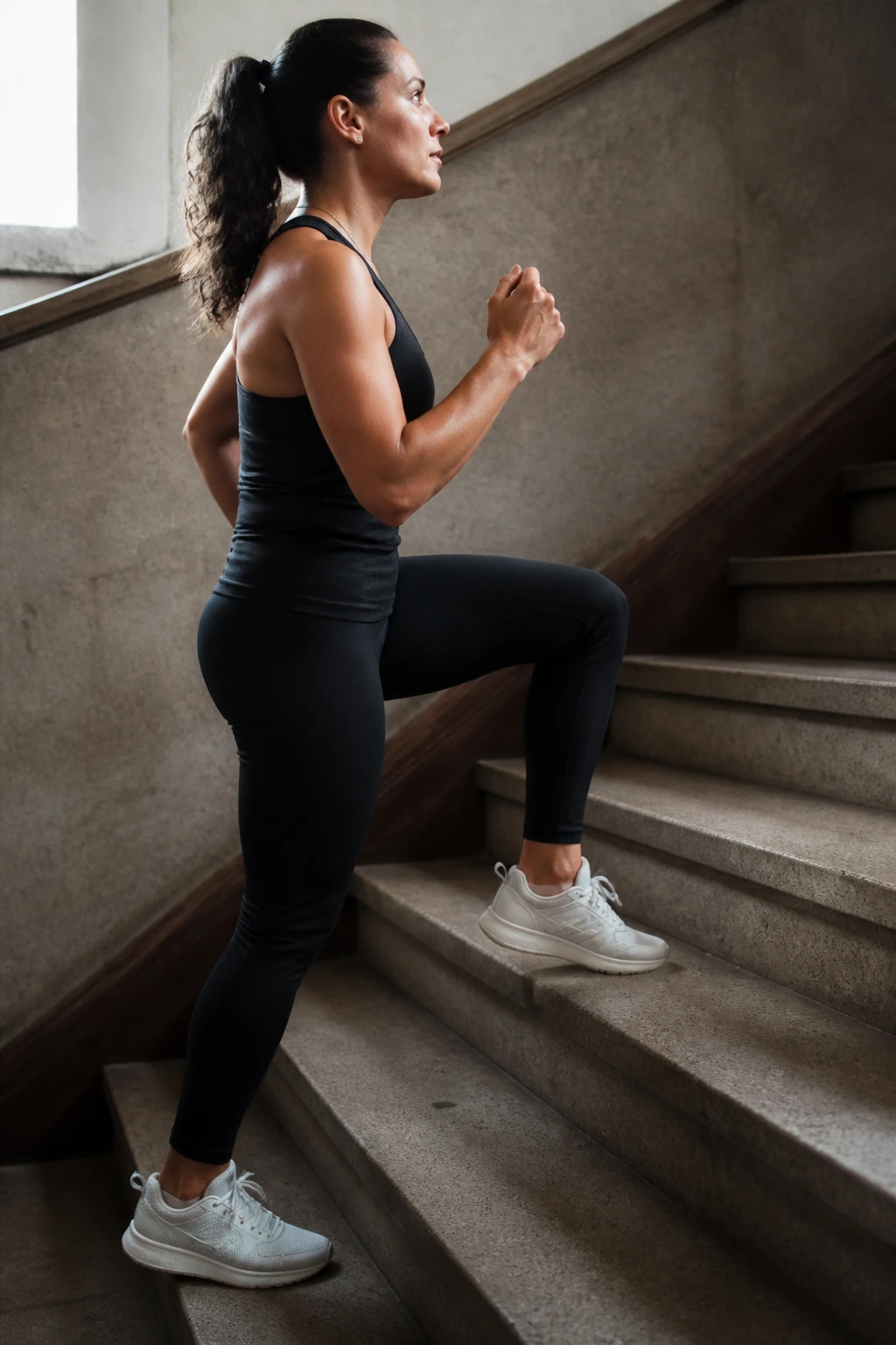 Real person performing stair step-ups on a single staircase in a stairwell
