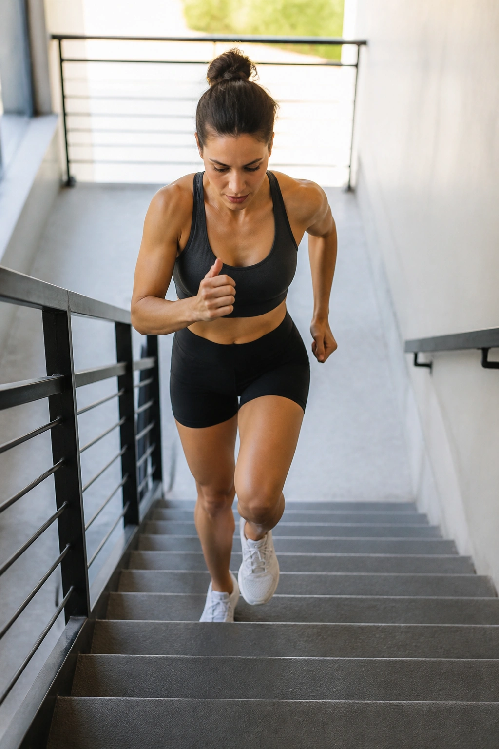 Person climbing stairs in a stairwell during a stair workout