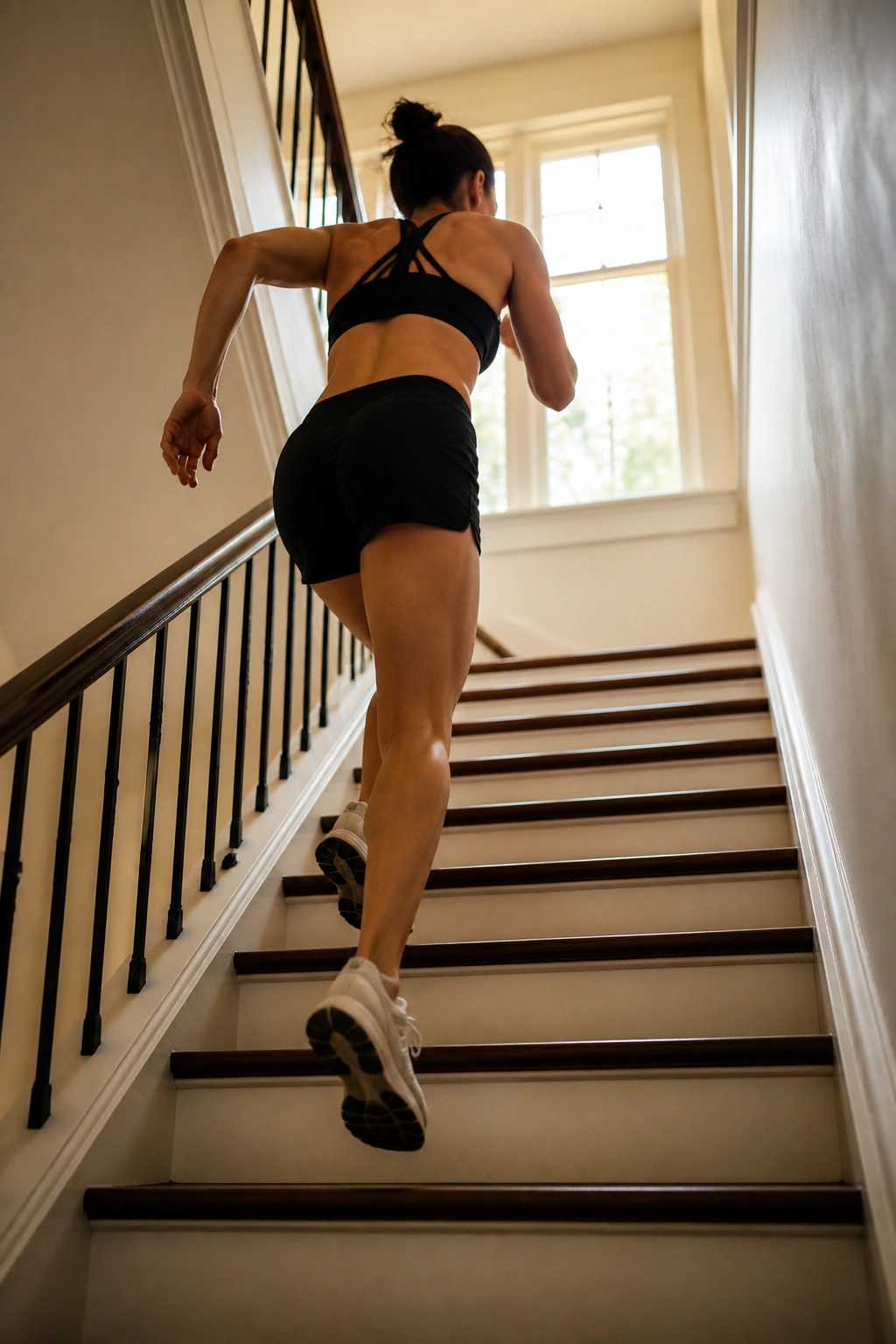 Person climbing stairs at home during interval cardio session.