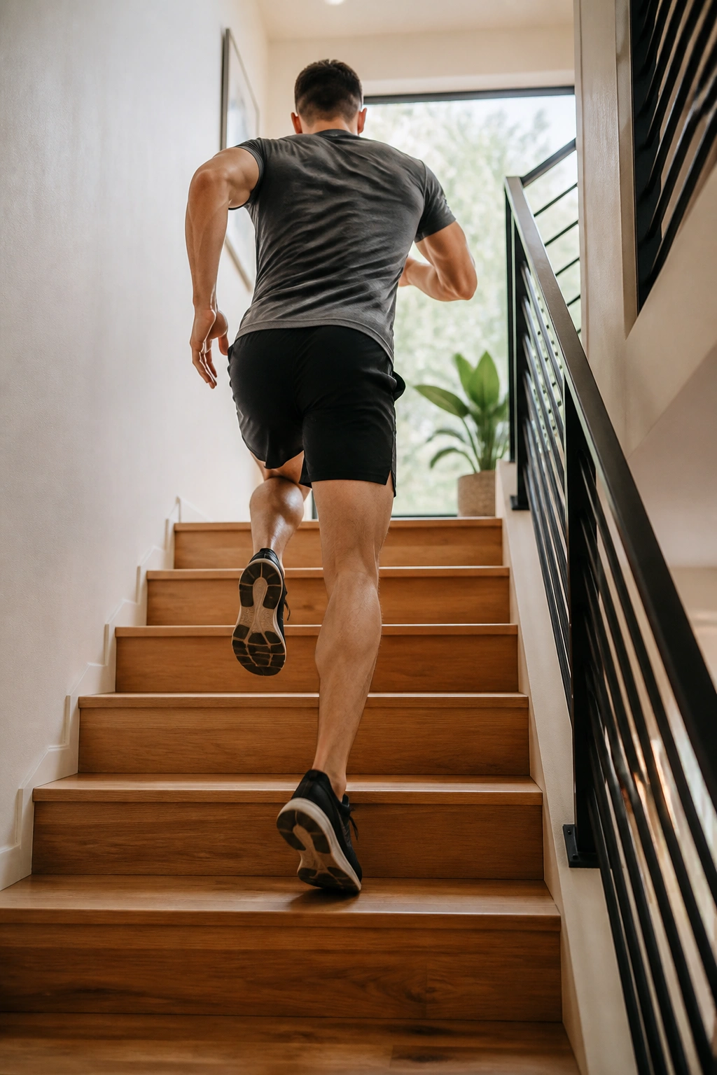 Person sprinting up stairs in a home interior.