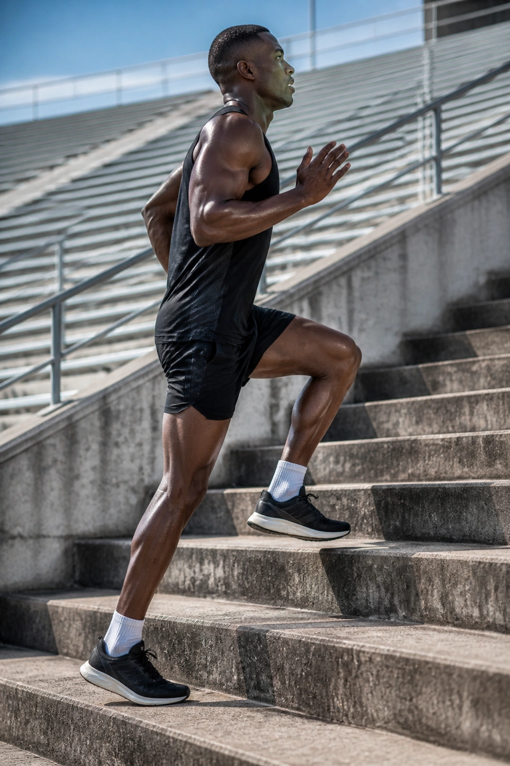 Athlete climbing stadium stairs in mid-stride