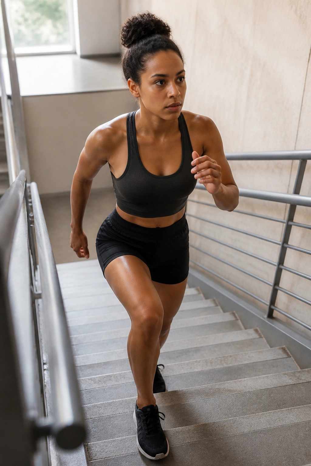 Medium close-up of a person stepping up on stairs in a well-lit stairwell