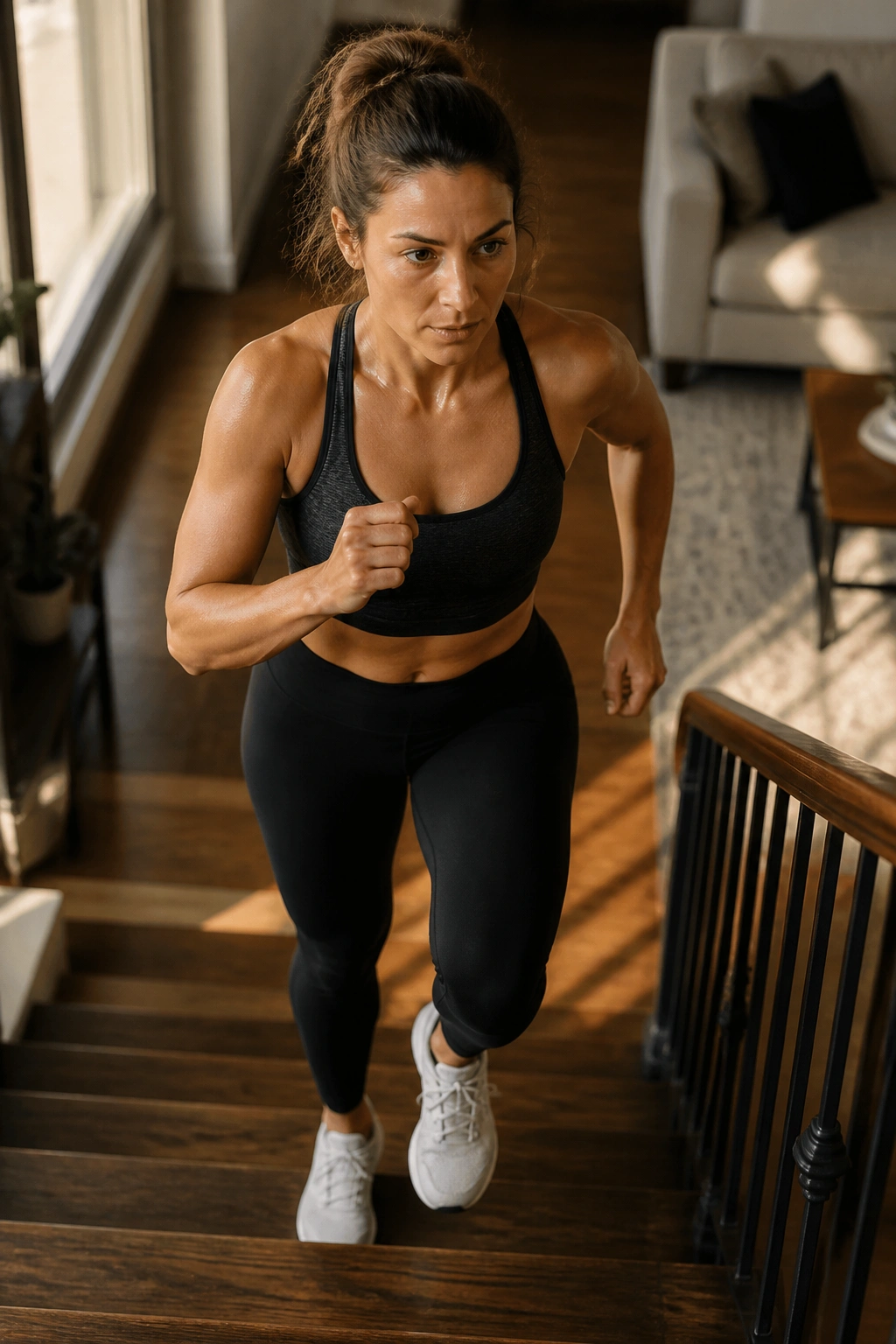 Person climbing a home staircase with power and focus