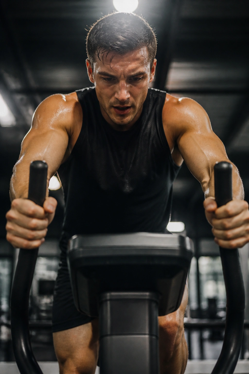 Athlete on StairMaster with intense focus in gym.
