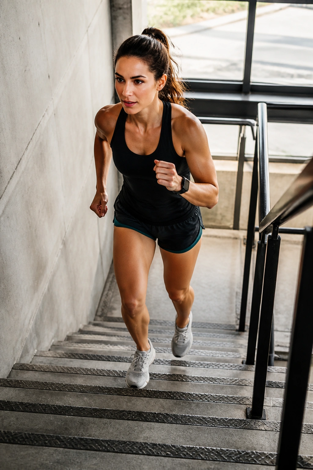 Person climbing stairs in a stairwell during conditioning session
