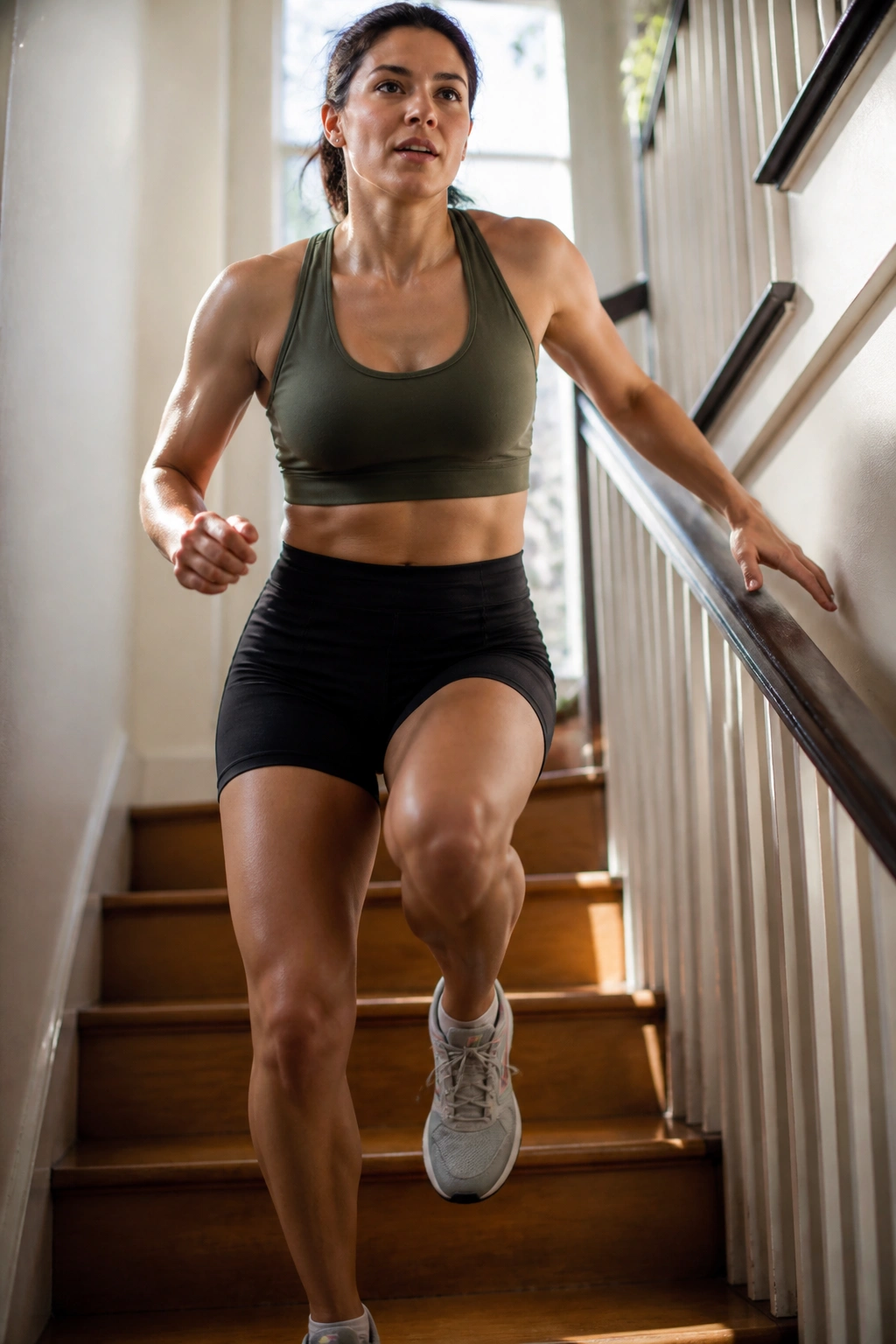 Person climbing stairs during interval training inside a stairwell
