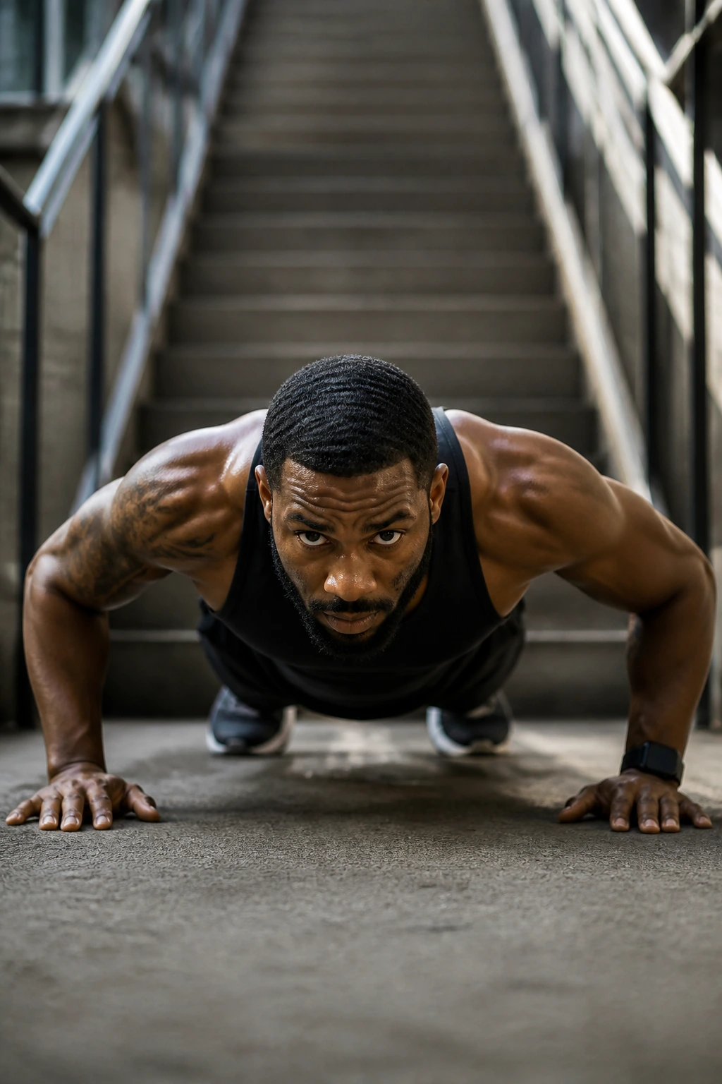 Person performing push-ups on a stair landing with stairs in the background.