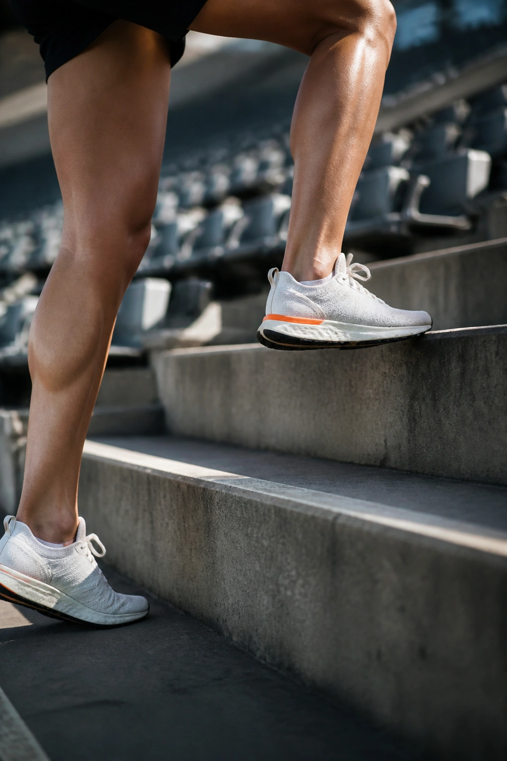 Close-up of leg lifting on stadium stairs during workout