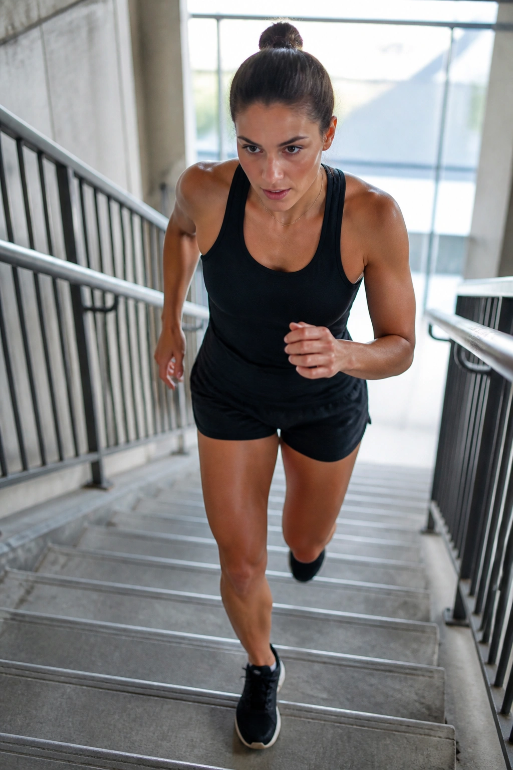 Person climbing stairs in a stairwell during interval cardio workout
