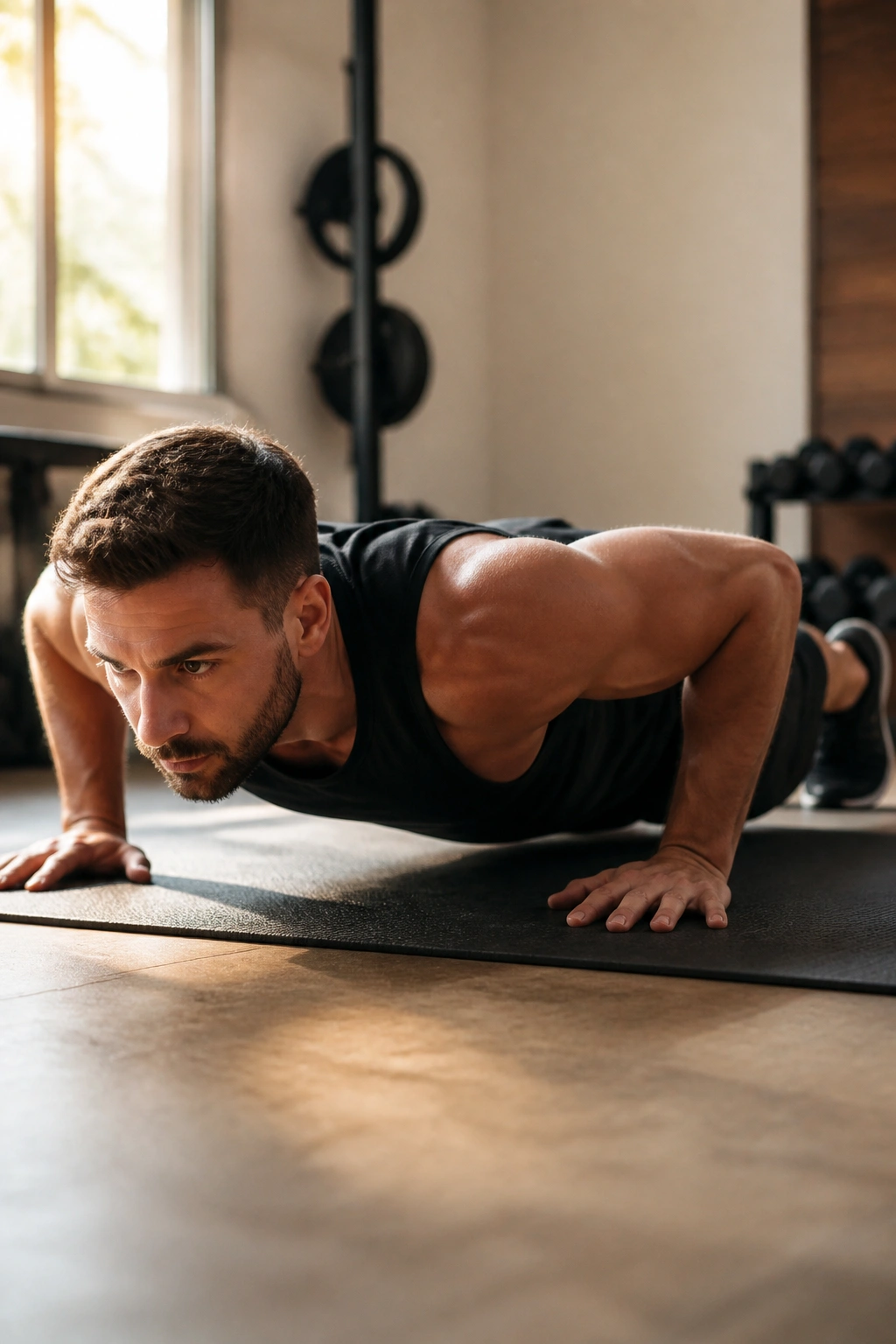 Real person performing a standard push-up on a mat