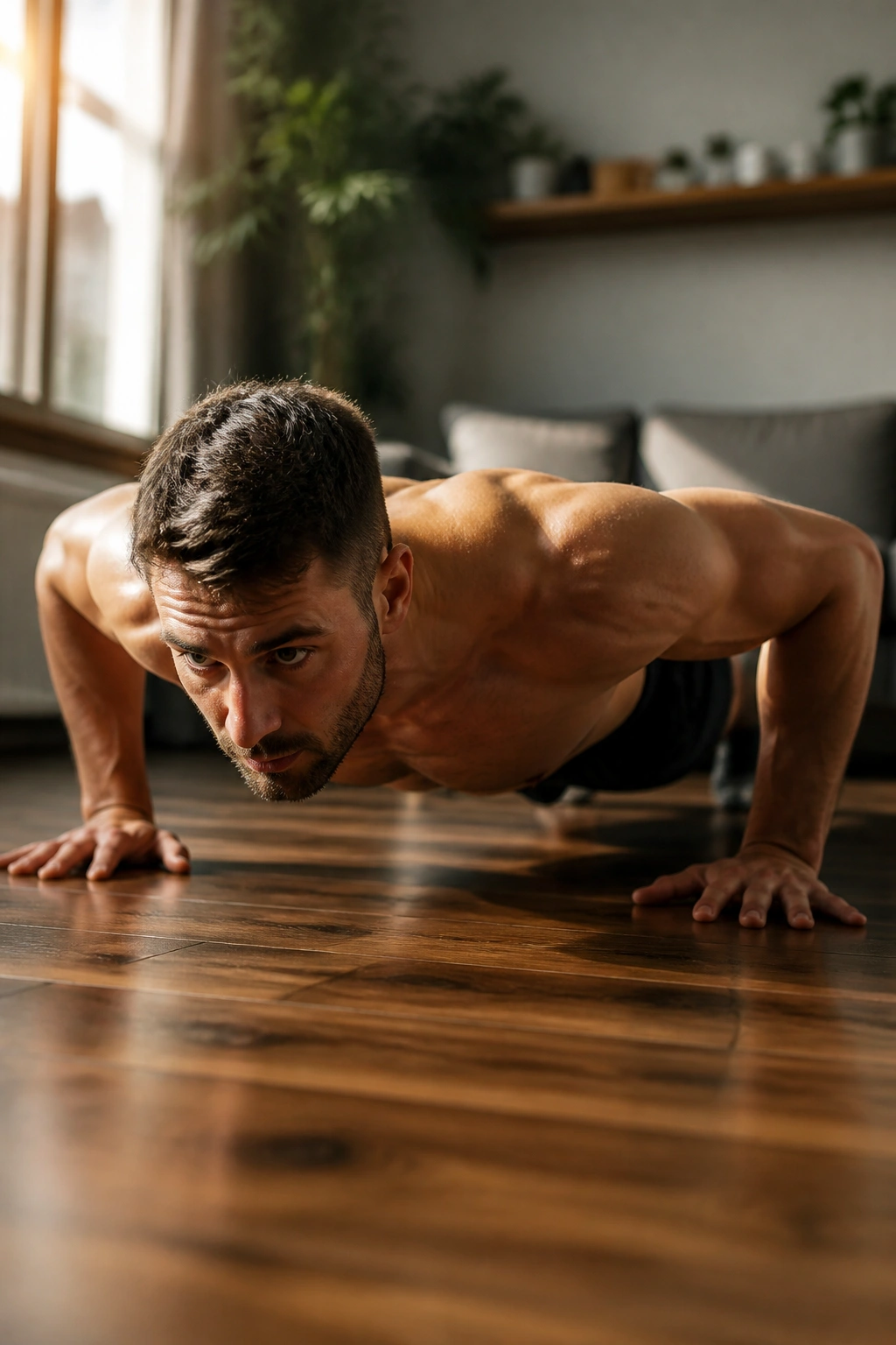 Close-up of a person performing a standard push-up on a home floor, chest and arms dominant.