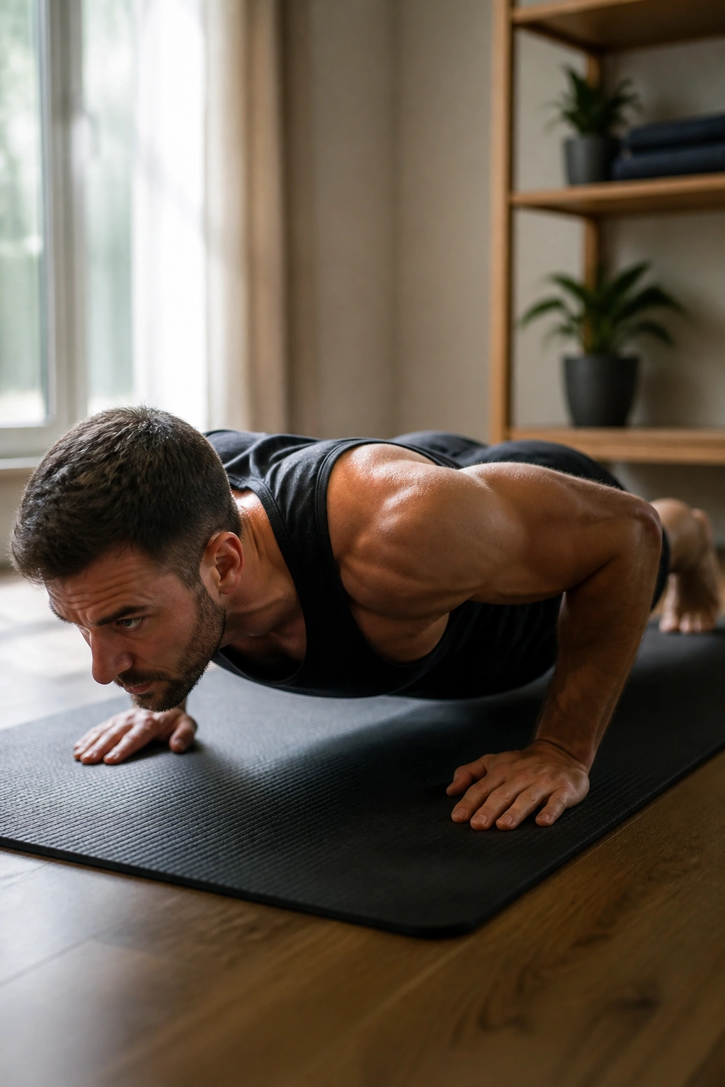 Real person performing a standard push-up with proper form on a mat.