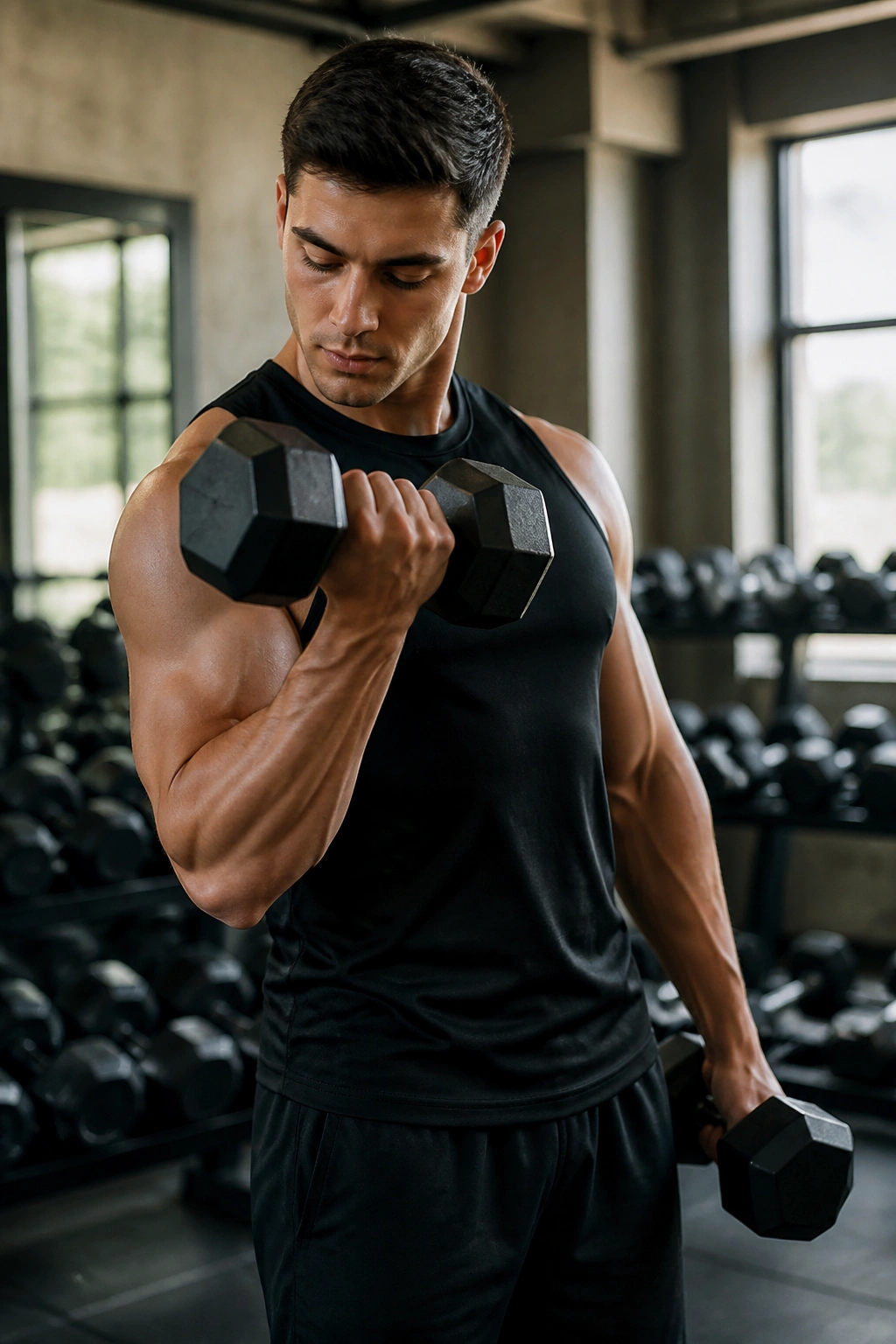 Close-up of standing alternating dumbbell curl emphasizing elbow position and supination