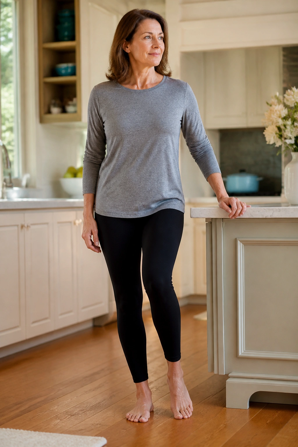 Person performing standing weight shift balance drill near counter with light support