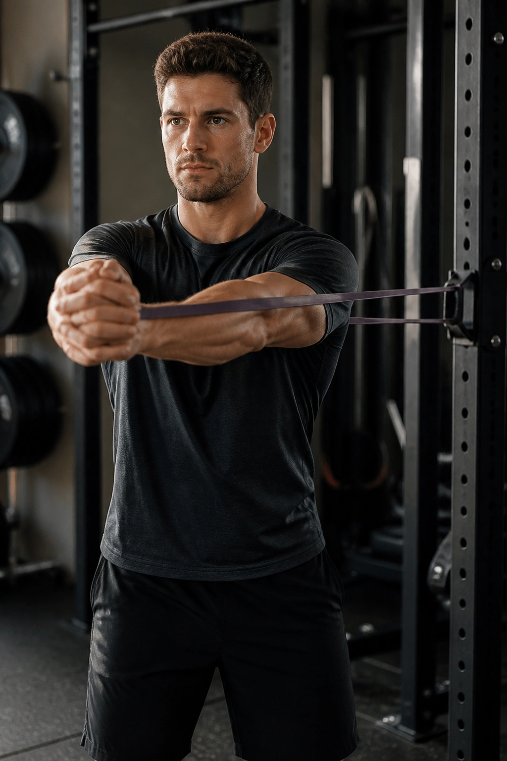 Close-up of a person performing Standing Band Rotation Holds in a gym, torso braced against a resistance band anchored at chest height
