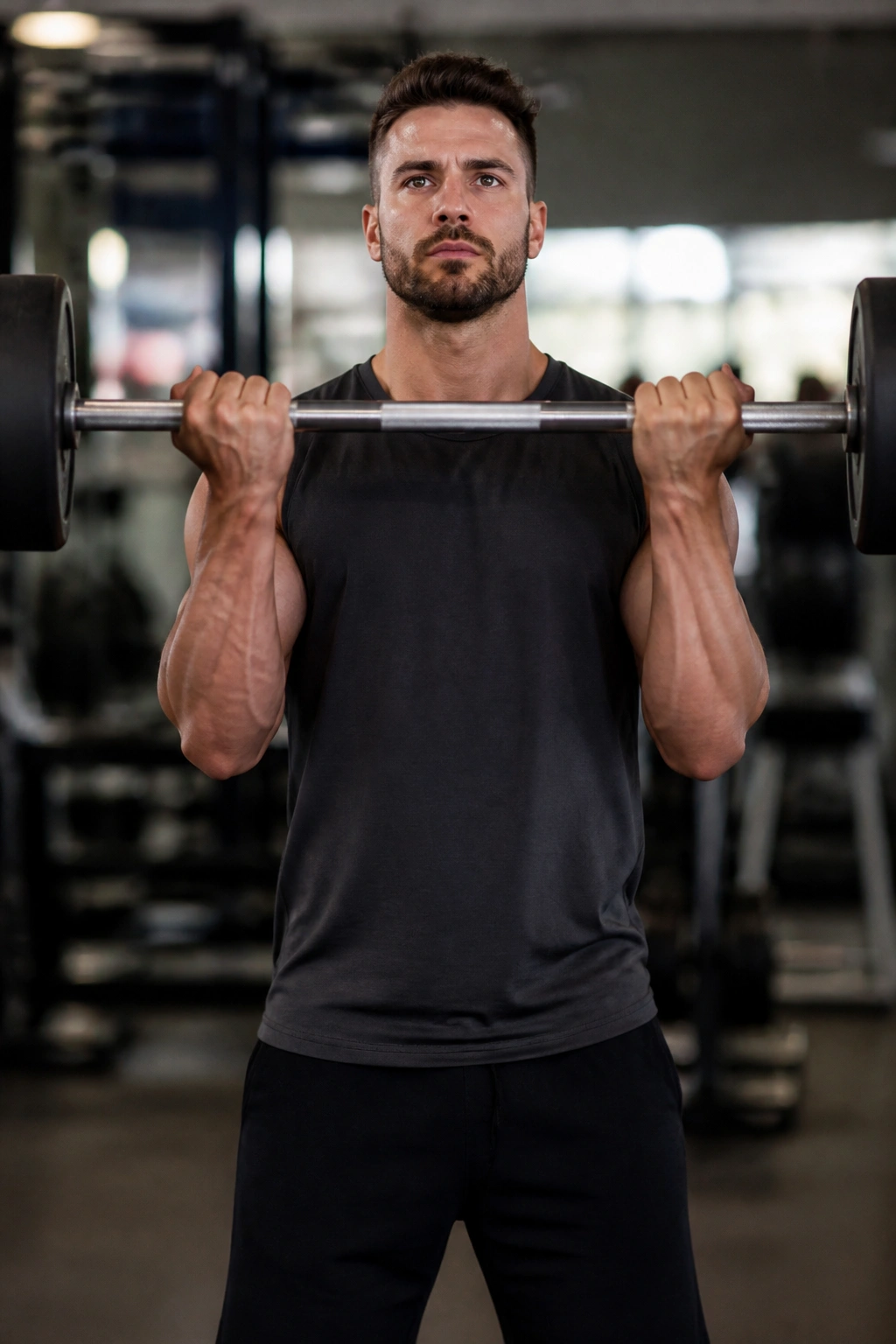 Front view of lifter performing standing barbell curl showing biceps contraction.