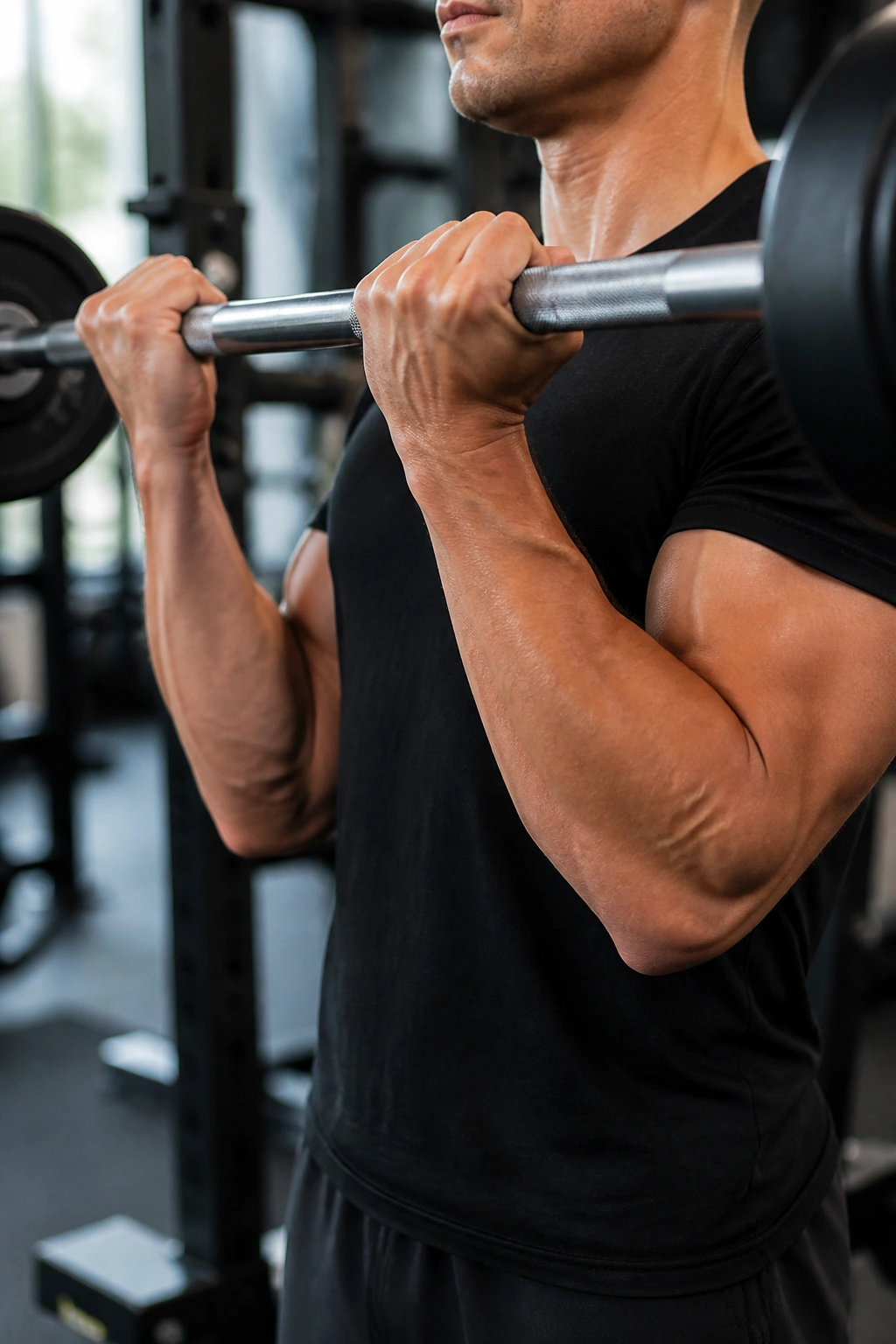 Close-up of arms holding a barbell in a standing curl in gym setting