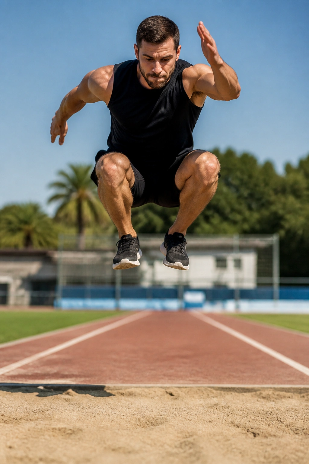 A person executing standing broad jump with forward reach in training space