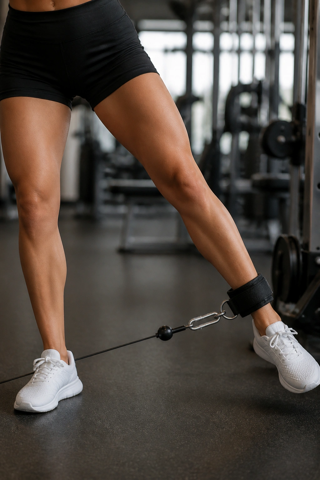 Close-up of a leg performing standing cable adductions with an ankle cuff in gym