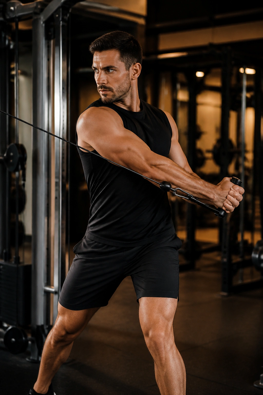 Standing cable chop showing torso rotation and brace in a gym setting