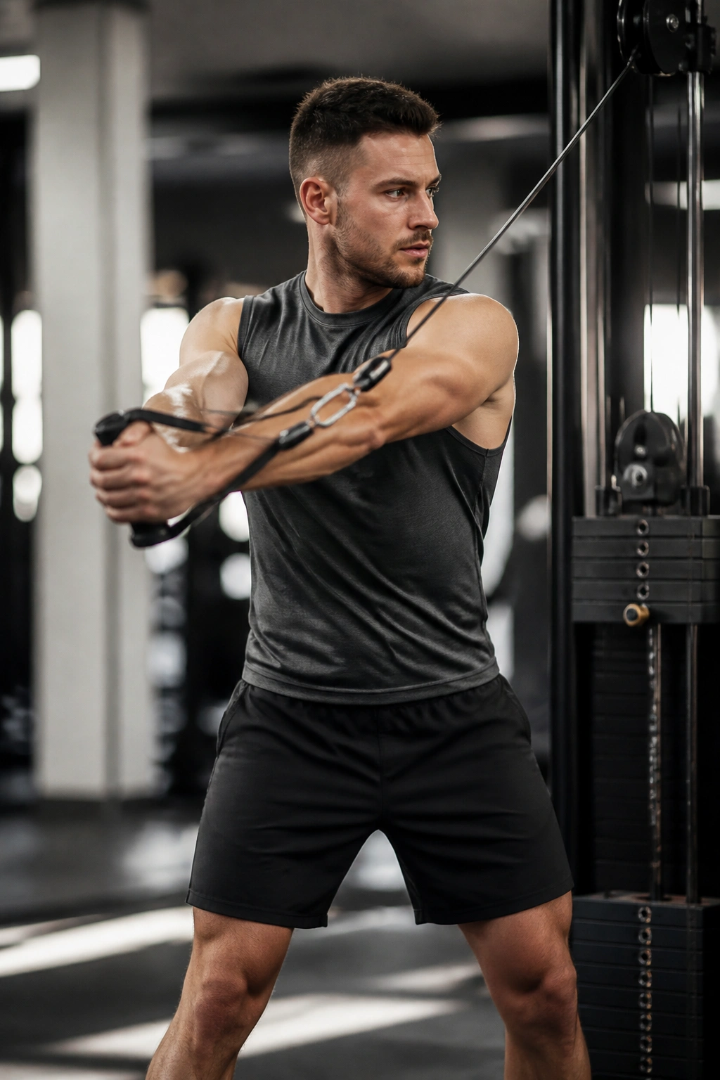 Person performing a standing cable chop with controlled rotation in a gym setting.