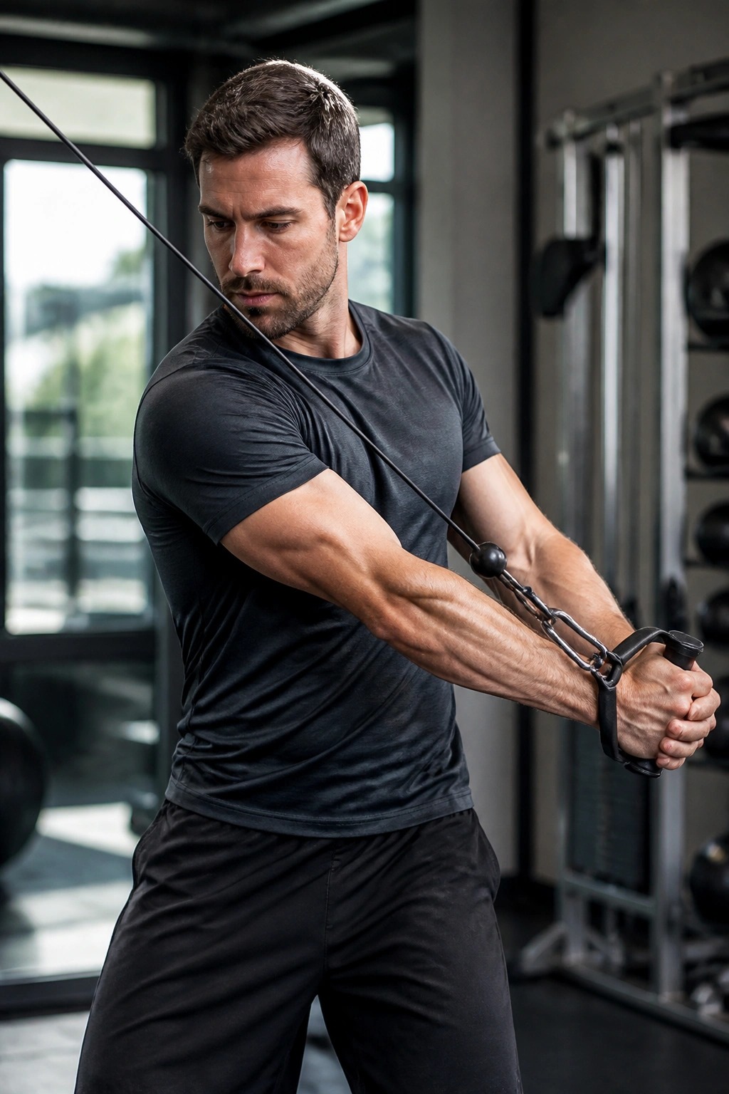 Close-up of a person performing standing cable chops with diagonal motion