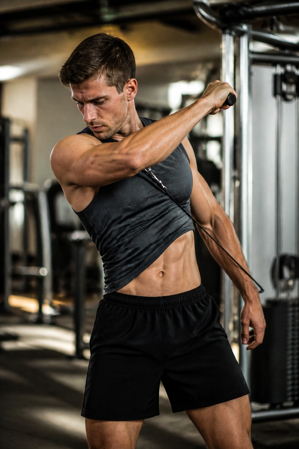 Close-up of a person performing Standing Cable Lift in a gym, obliques engaged