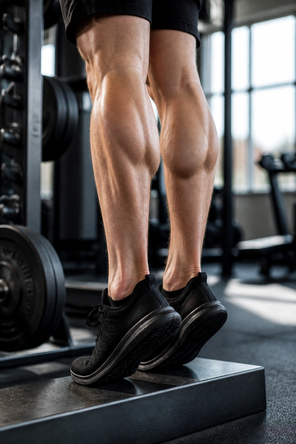 Close-up of calves during a standing calf raise in a gym.
