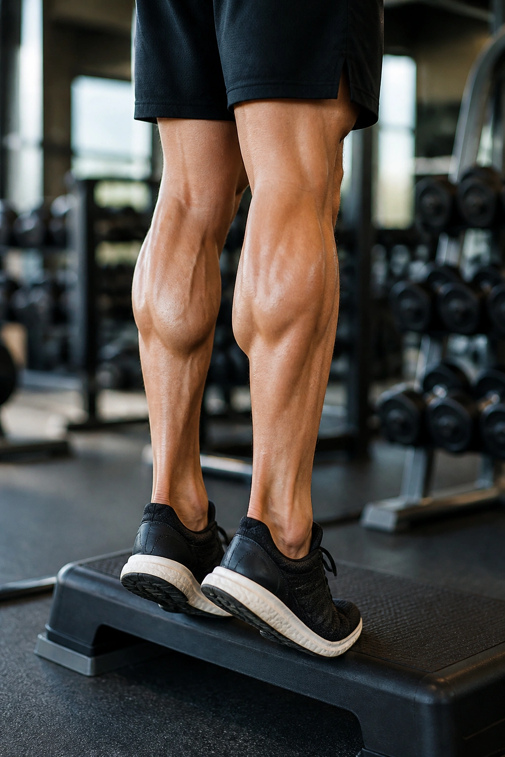 Person performing standing calf raises on a step, calves prominent in frame