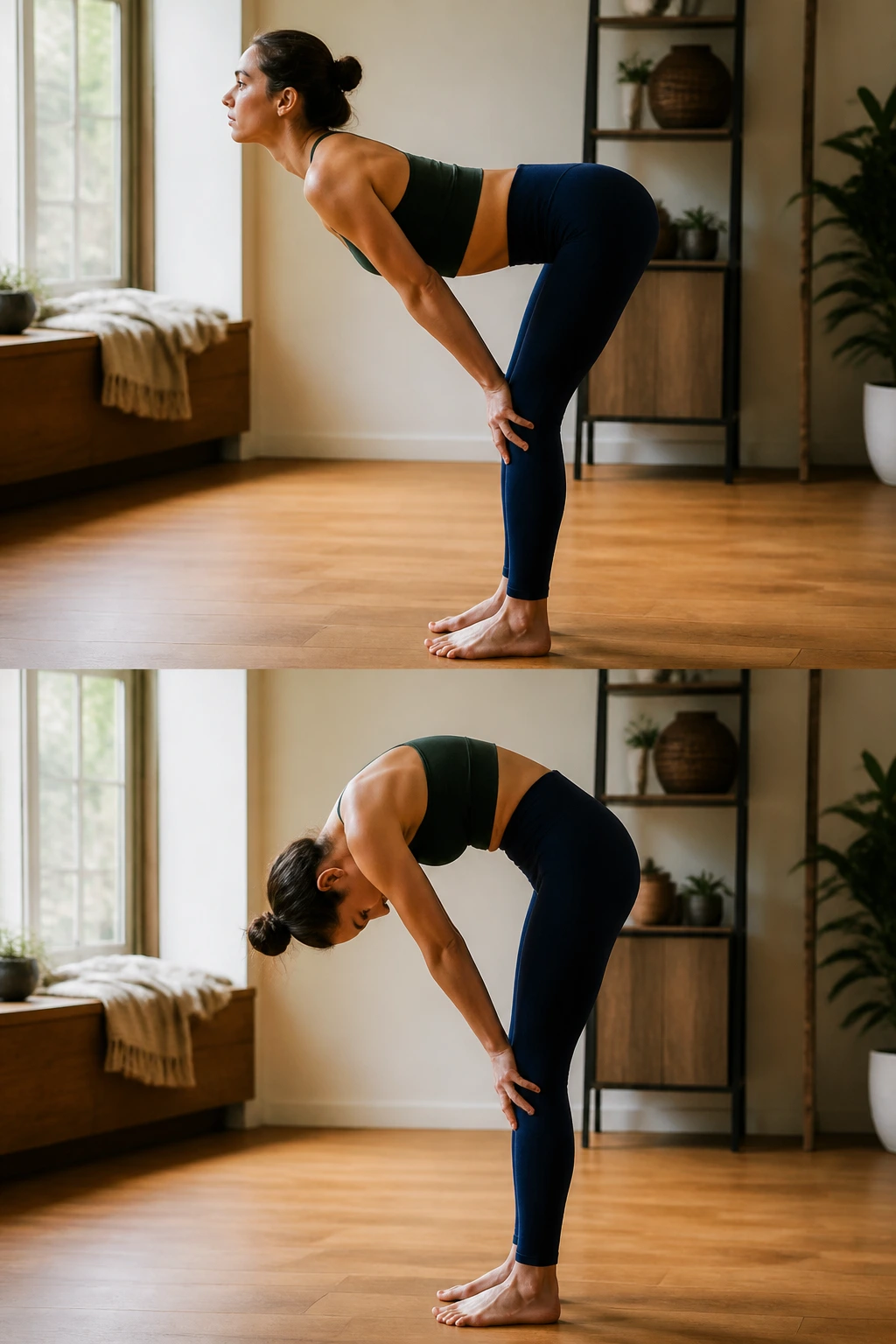 Side-profile of a person performing standing cat-cow stretch