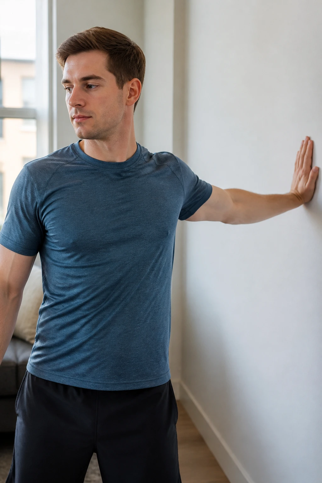 Person performing standing chest and bicep stretch against wall