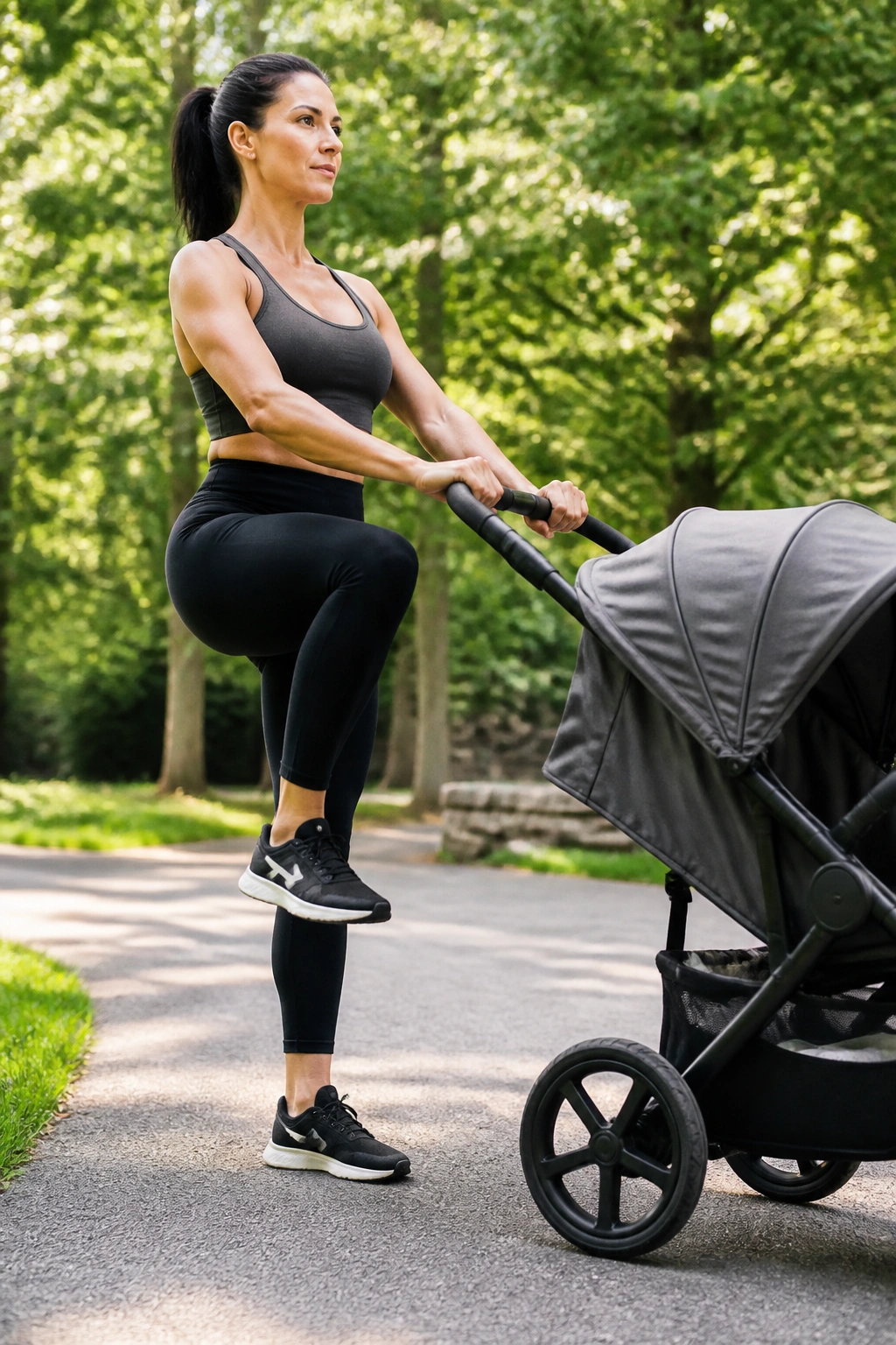 Person standing by stroller handlebar performing core hold