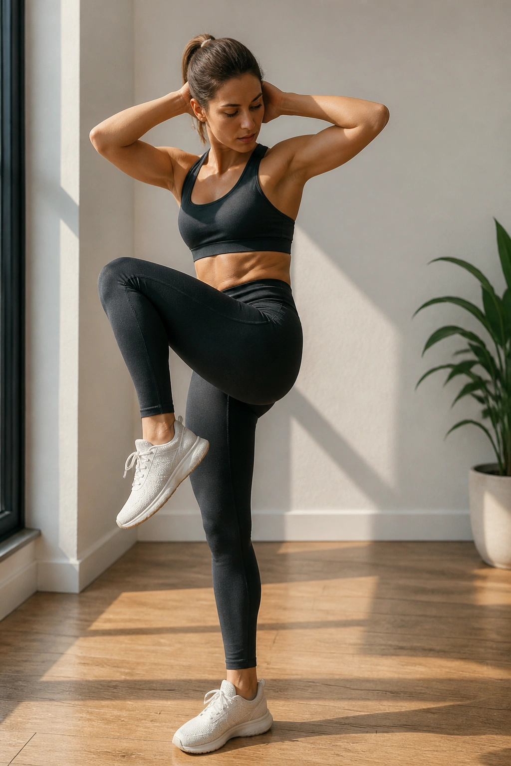 Standing cross-body crunch showing oblique engagement