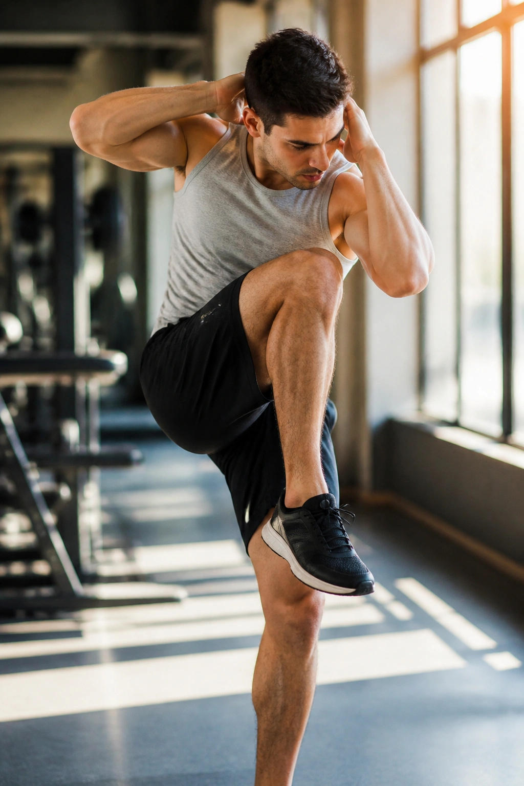 Close-up of a person performing standing knee-to-elbow crunch in a gym