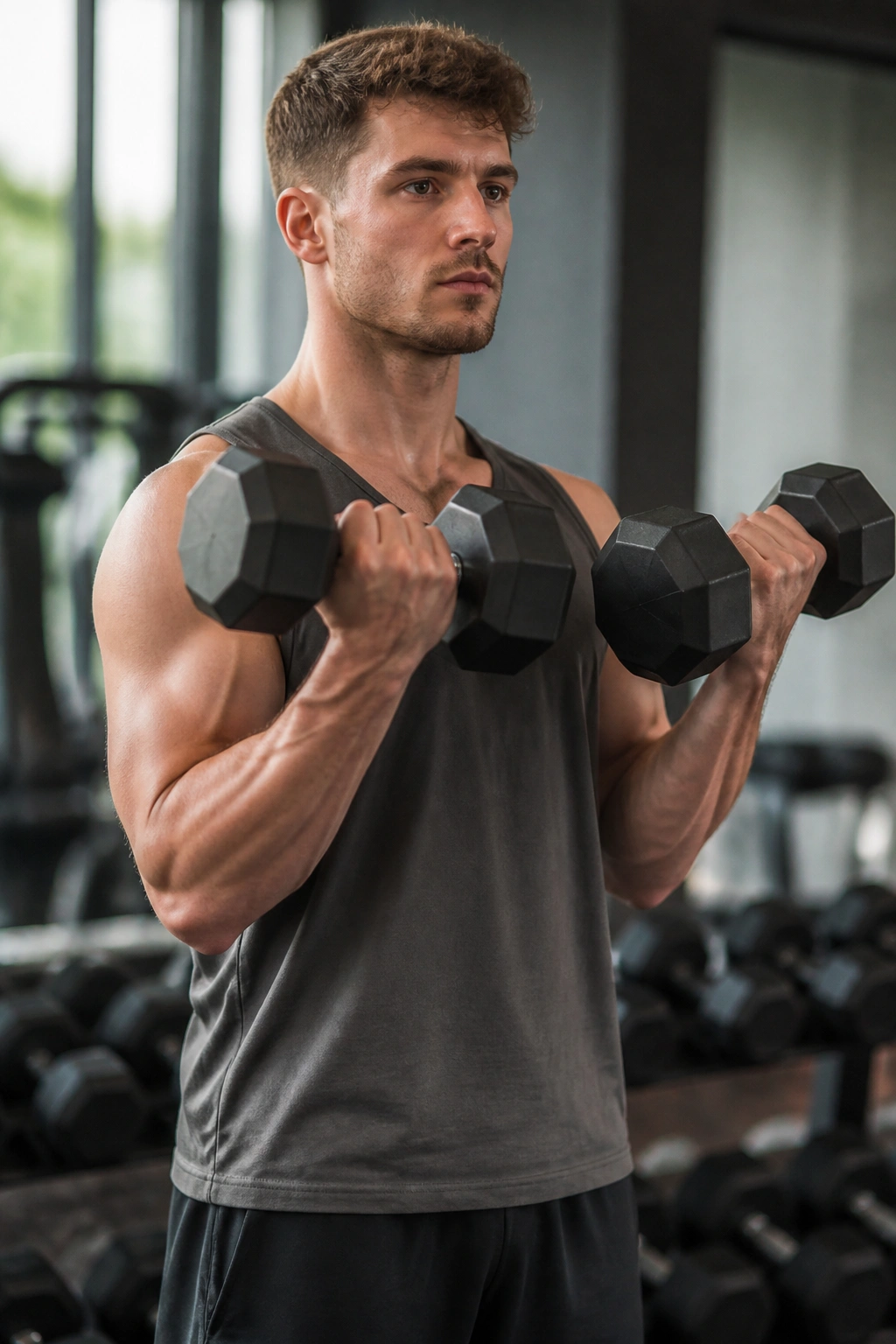 Mid-torso to arms shot of standing double dumbbell curl with elbows at sides