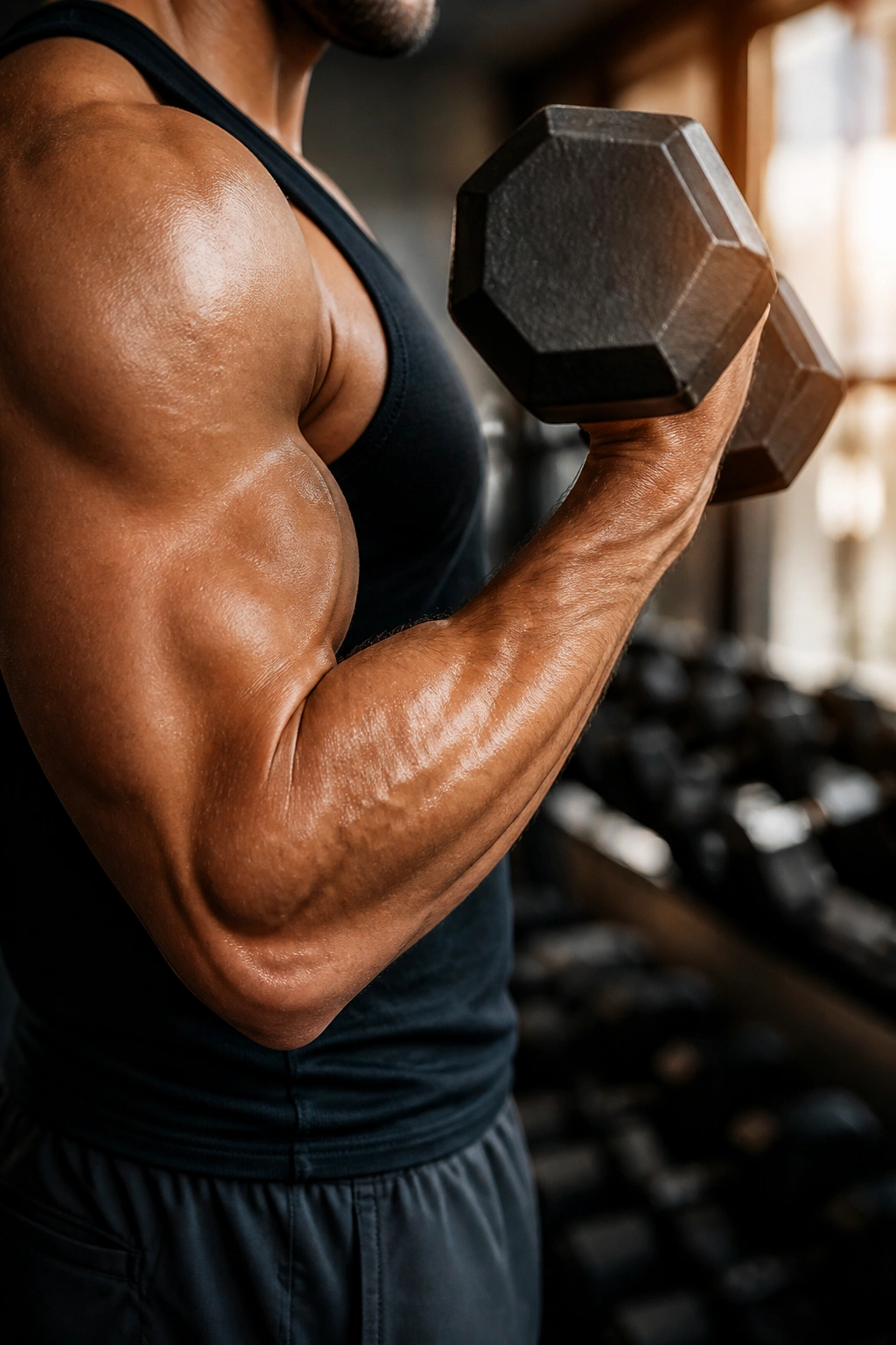 Close-up of forearm and dumbbell performing standing dumbbell bicep curl in gym
