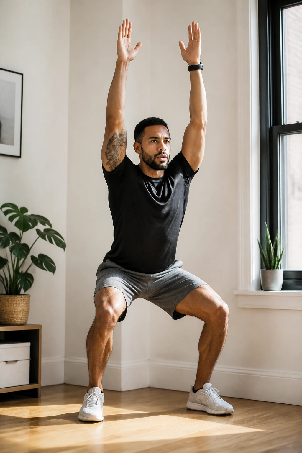 Person performing squat-to-overhead reach in a tight apartment, filling frame